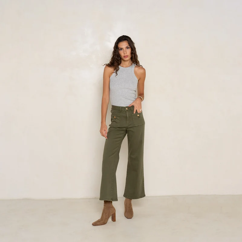 Pantalon Évasée Poche Plaquée