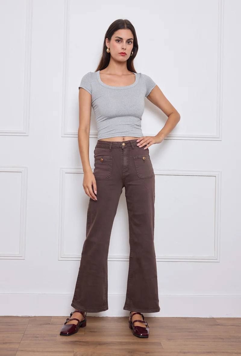 Pantalon Évasée Poche Plaquée
