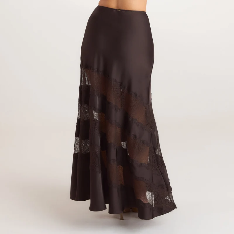Jupe Maxi avec Empiècements en Dentelle - Chocolat