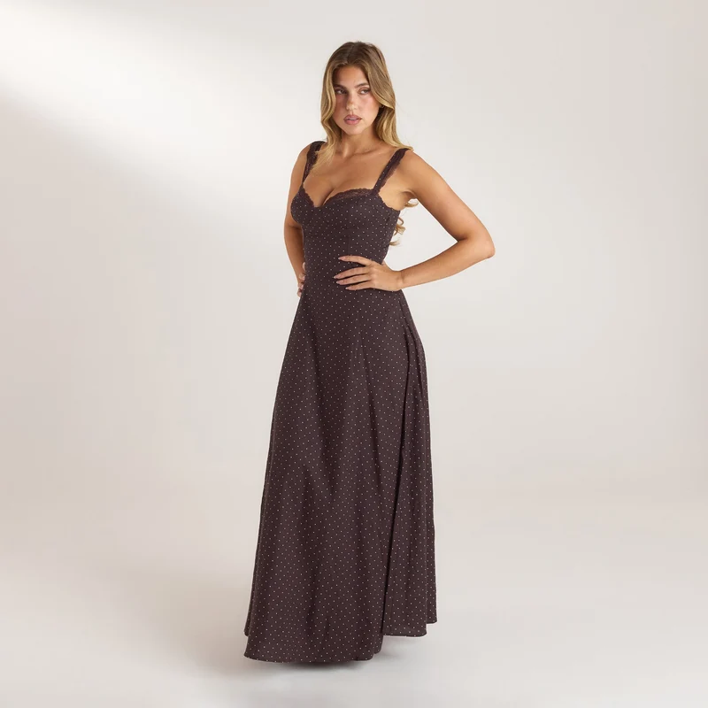 Robe Maxi avec Bordure en Dentelle - Chocolat à Pois