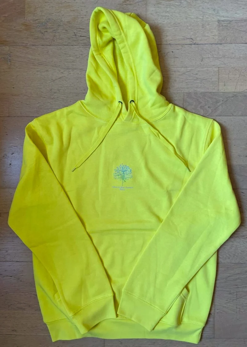 Sweat à capuche unisexe jaune de yoga avec logo d'arbre d'ashram