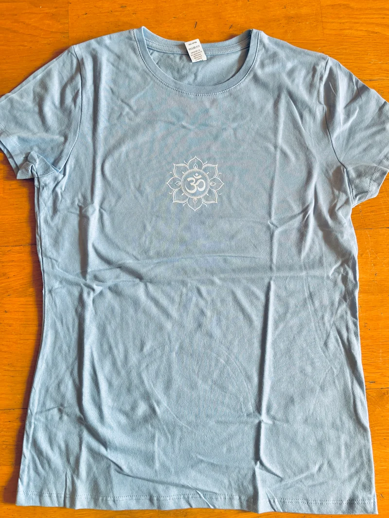 T-shirt de yoga pour femme, bleu, motif fleur de lotus Om, en coton standard, coupe ajustée