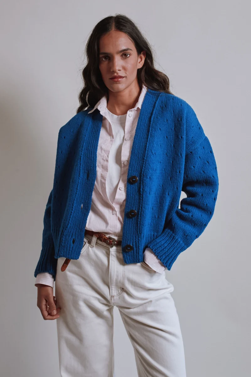 KATRINA Open Weave Cardigan in Merino Wool - Cobalt Blue