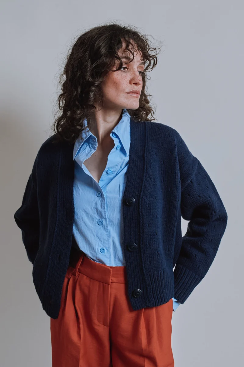 KATRINA Open Weave Cardigan in Merino Wool - Navy Blue