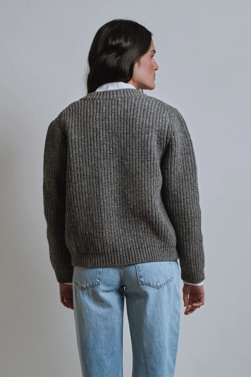 CHARLOTTE Round-Neck Cardigan in Merino Wool - Ash Grey