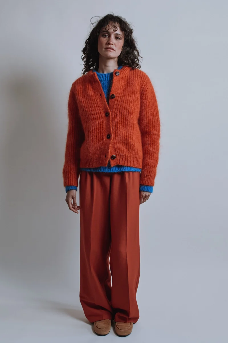 CHARLOTTE Round-Neck Cardigan in Merino-Mohair Wool - Burnt Orange