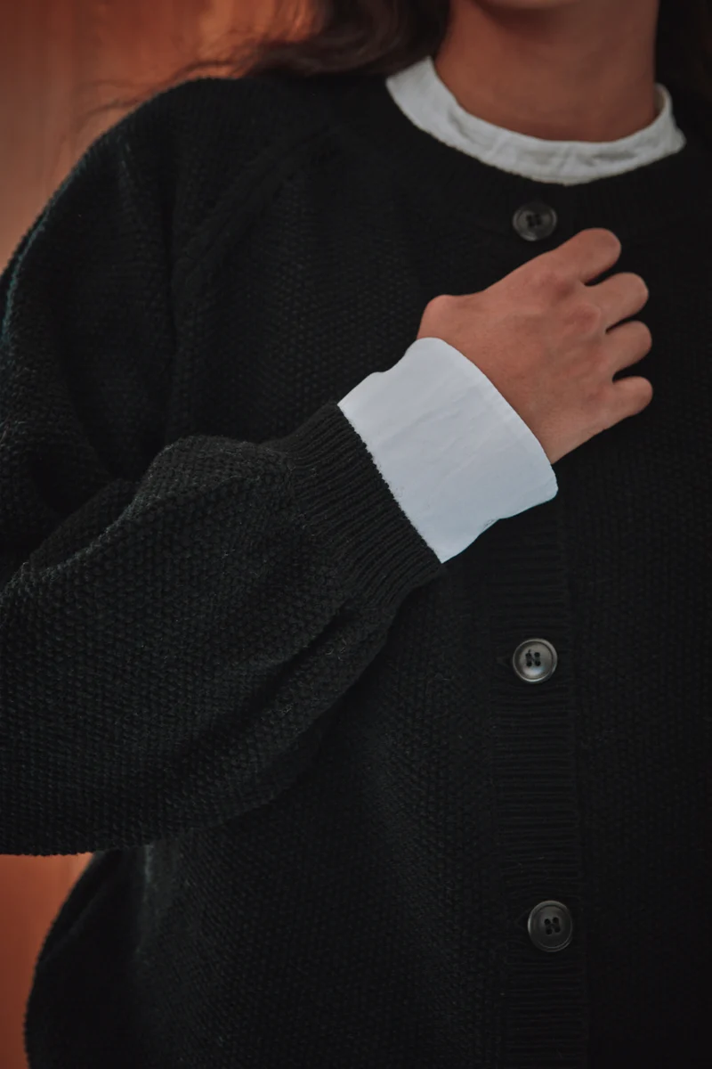 GABY Balloon-Sleeve Cardigan in Merino Wool - Black