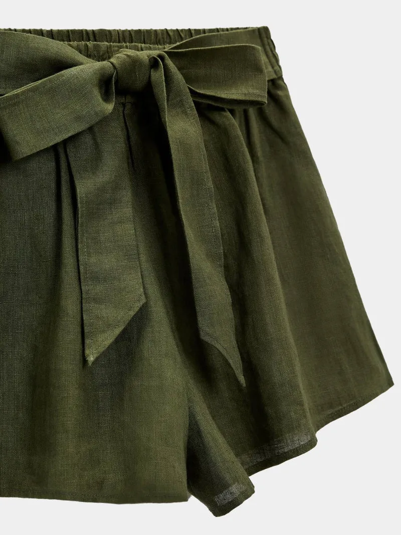 Green Breezy Linen Tie Bermuda Shorts