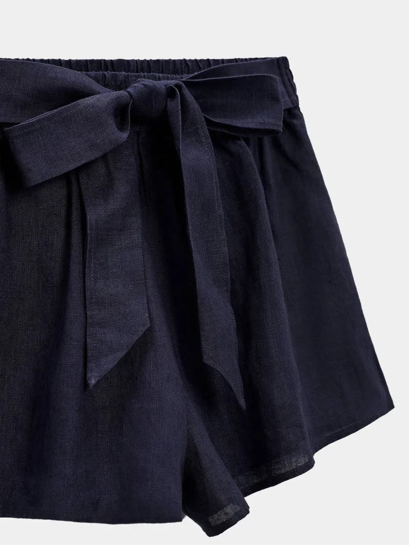 Dark Blue Breezy Linen Tie Bermuda Shorts