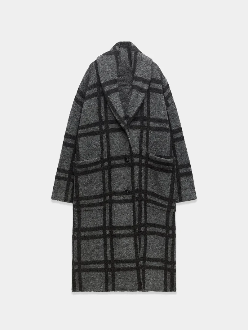 Checkered Elegance Jacquard Knit Coat