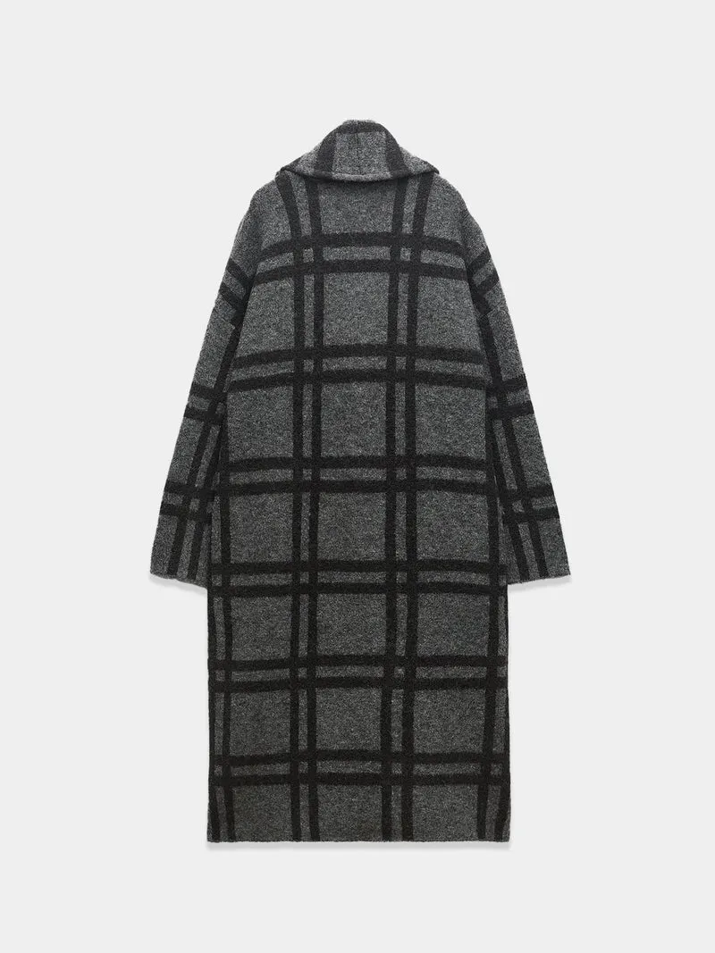 Checkered Elegance Jacquard Knit Coat