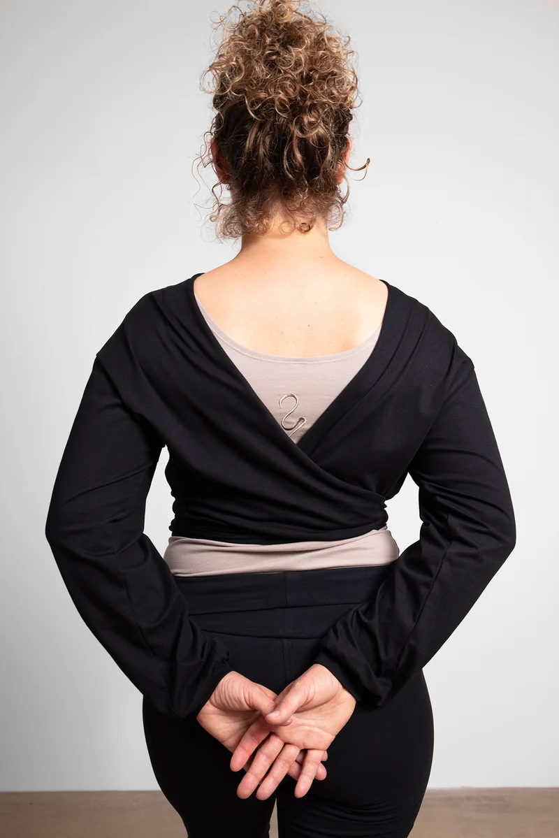 Talya Wrap Shirt — Mercerized Organic Cotton Multi-Tie Yoga Wrap with Long Sleeves