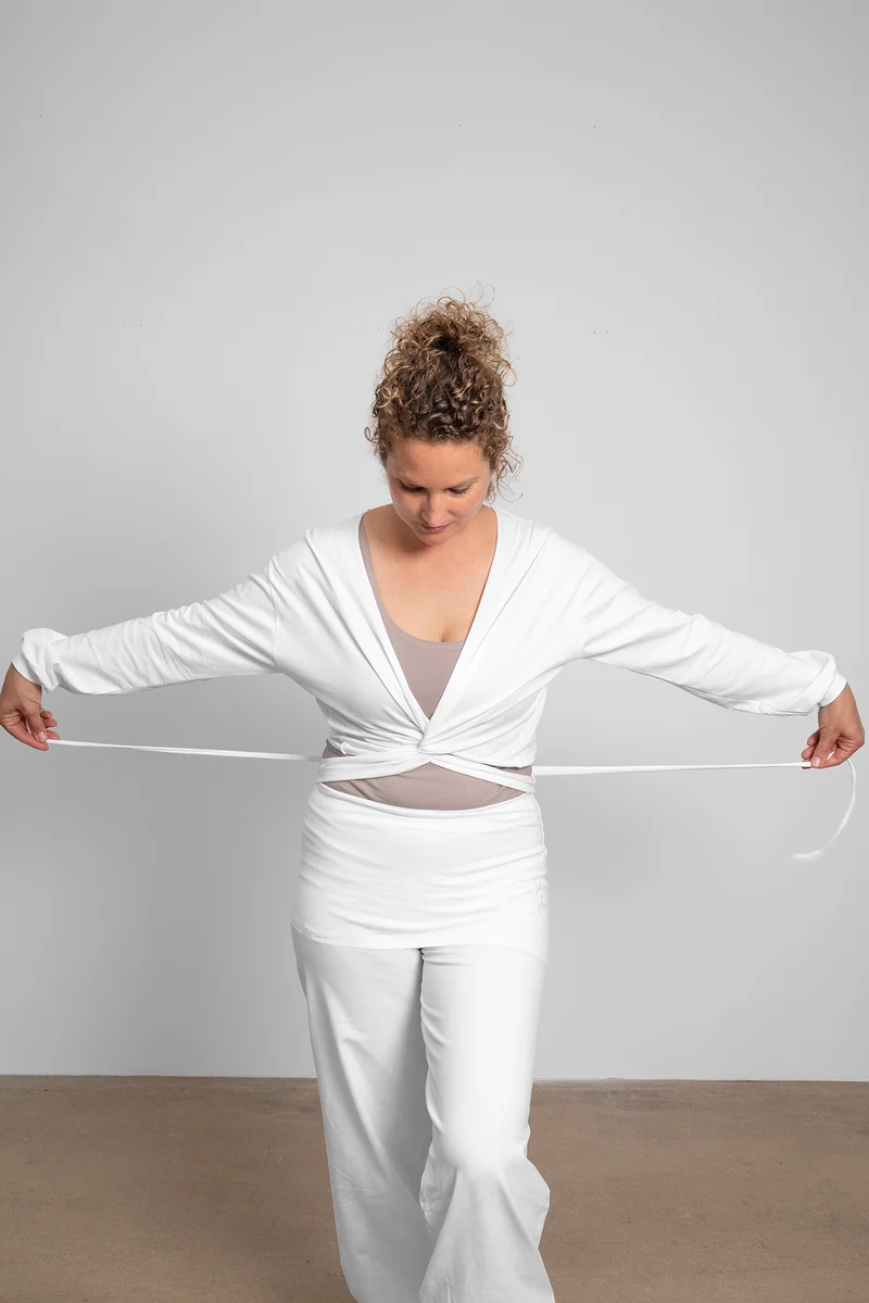 Talya Wrap Shirt — Mercerized Organic Cotton Multi-Tie Yoga Wrap with Long Sleeves