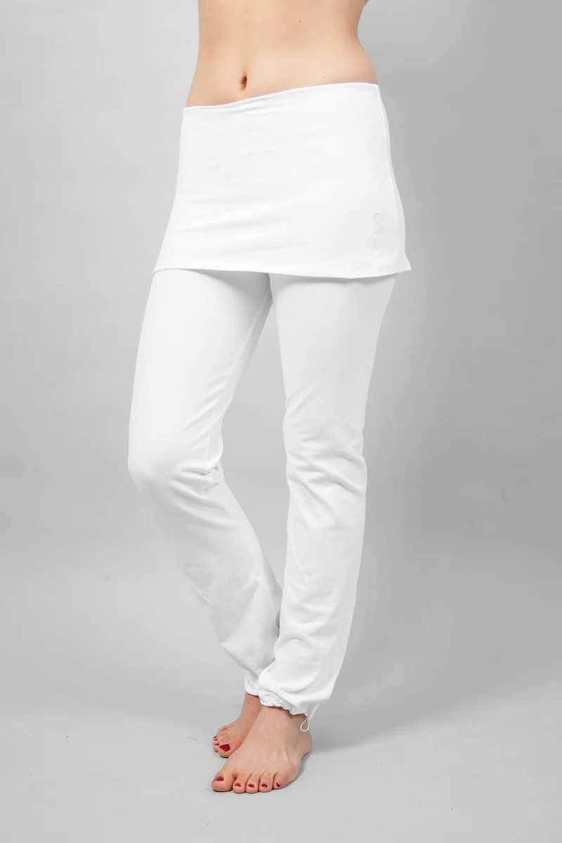 Yamala Yoga Pants — Straight-Leg Organic Cotton Yoga Pants with Integrated Skirt and Adjustable Hem