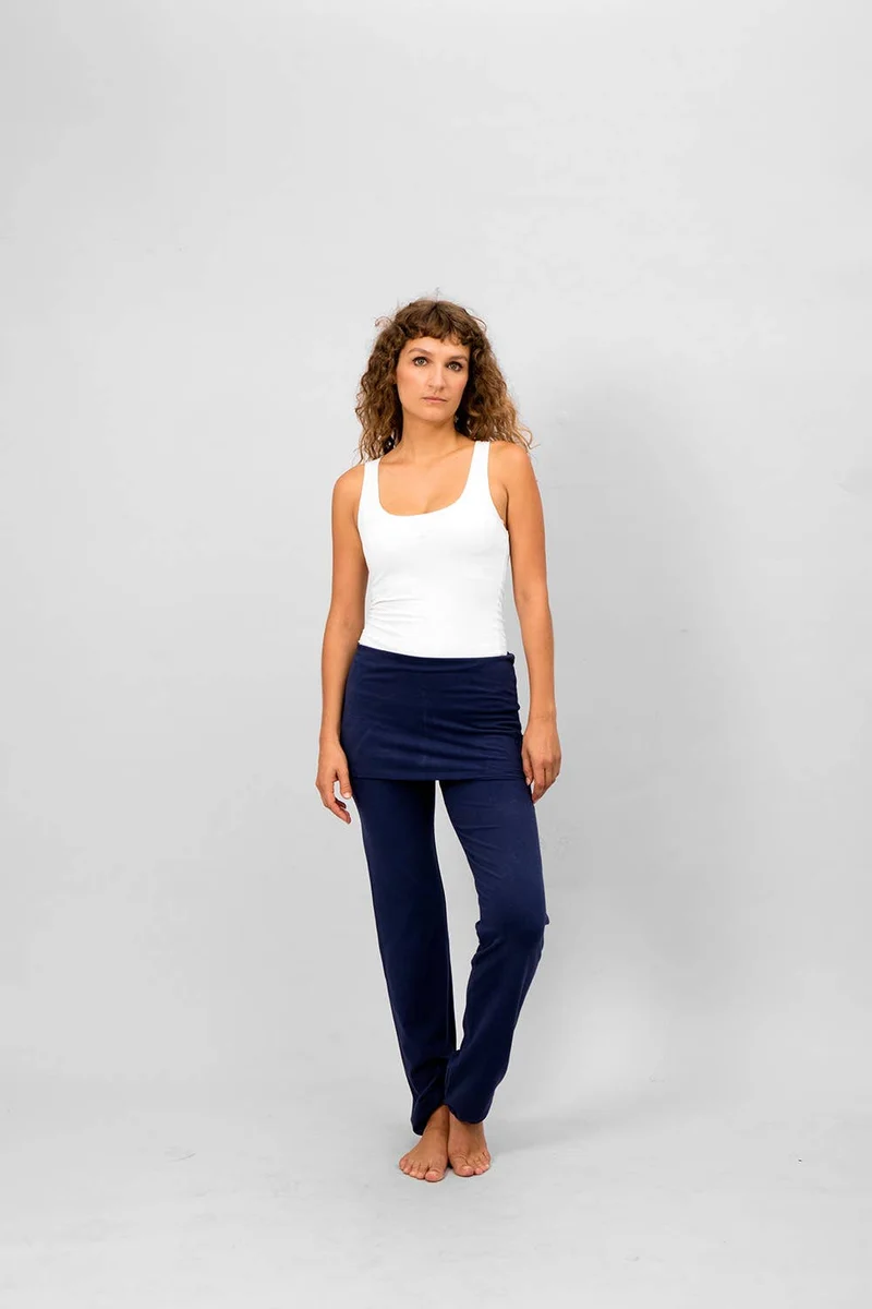 Yamala Yoga Pants — Straight-Leg Organic Cotton Yoga Pants with Integrated Skirt and Adjustable Hem