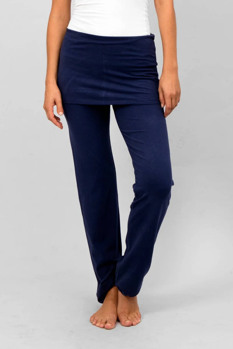 Yamala Yoga Pants — Straight-Leg Organic Cotton Yoga Pants with Integrated Skirt and Adjustable Hem
