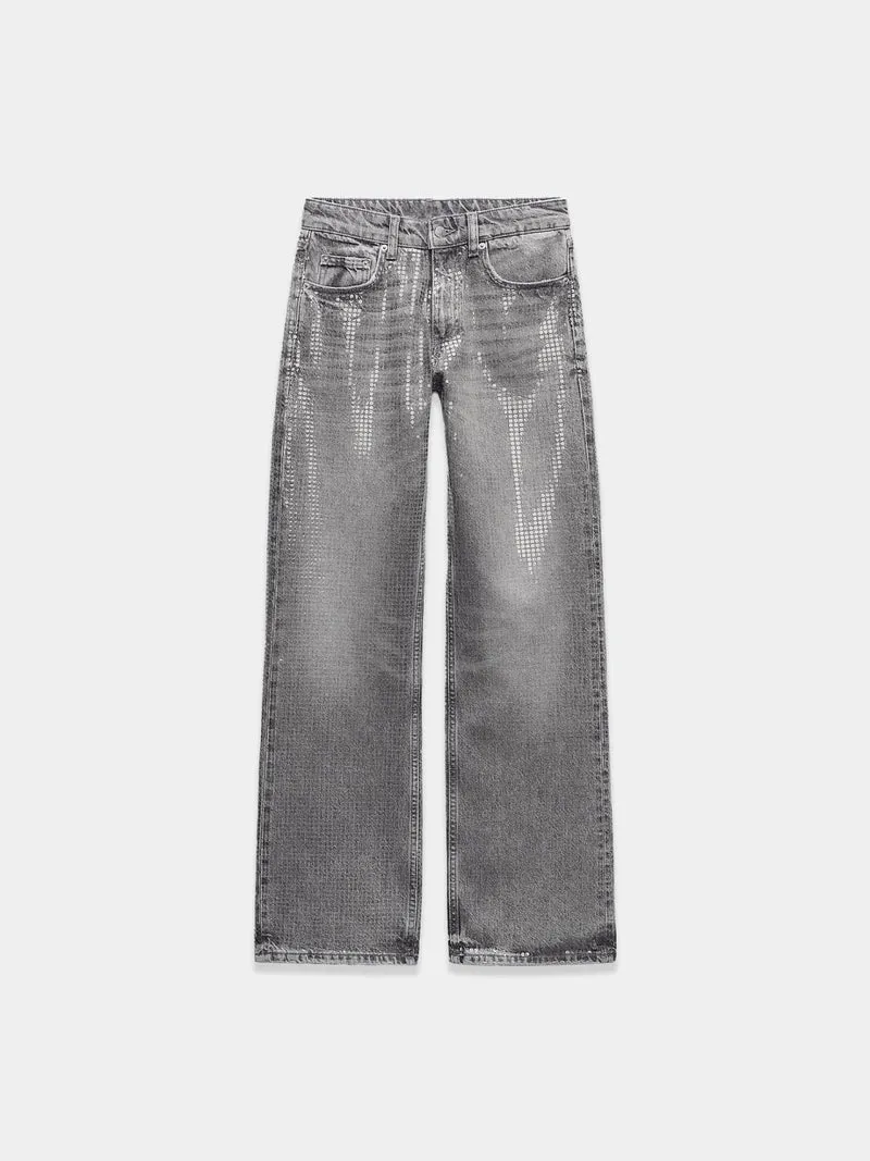 Mid-rise jeans with a wide-leg silhouette and sequinned foil embellishments