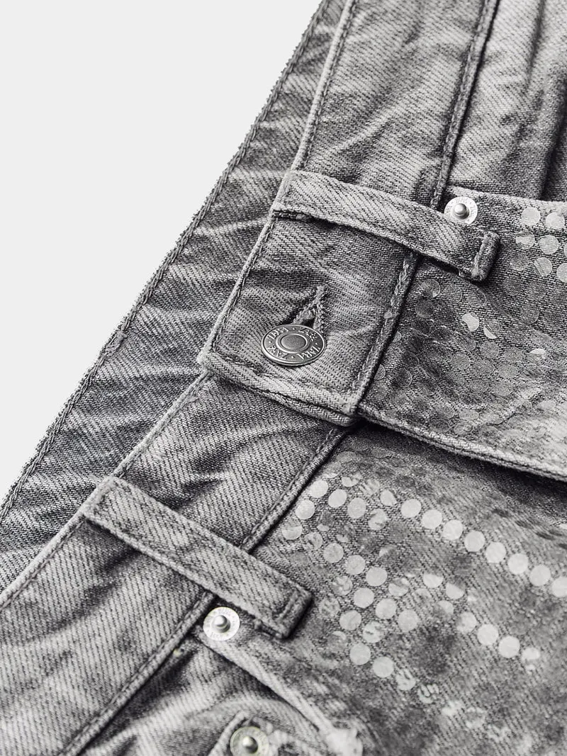 Mid-rise jeans with a wide-leg silhouette and sequinned foil embellishments