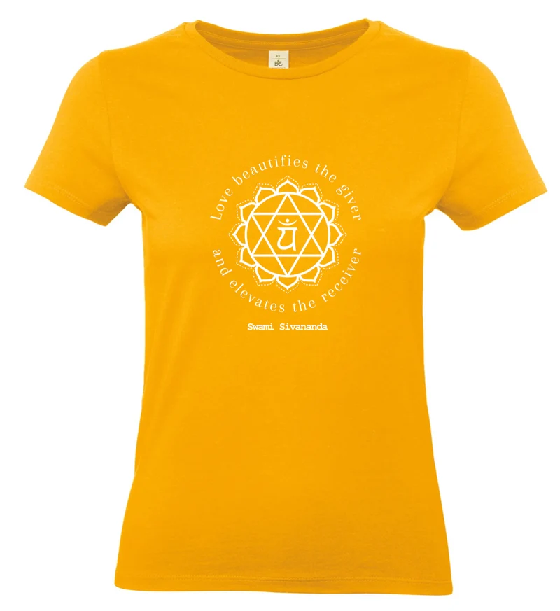 T-shirt de yoga en coton bio jaune pour femme, motif chakra du cœur