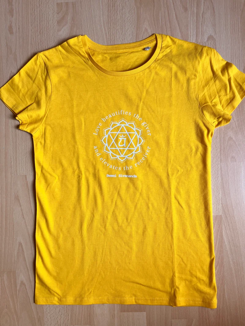 T-shirt de yoga en coton bio jaune pour femme, motif chakra du cœur