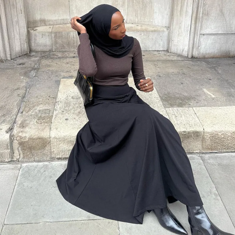 Cotton Jersey Maxi A-Line Skirt - Black