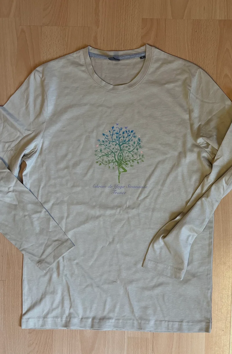T-shirt de yoga kaki à manches longues en coton unisexe pour homme - Ashram Tree