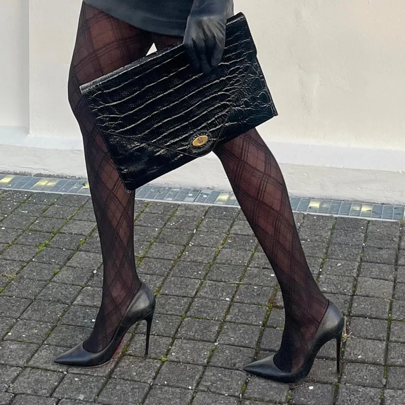 Mixed Denier Tights - Midnight Plaid