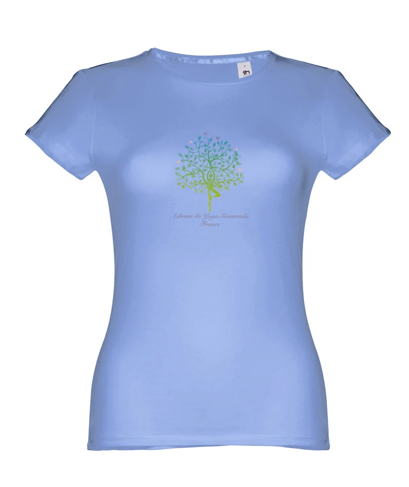 T-shirt de yoga coupe slim en coton standard pour femmes avec arbre Ashram - BLEU