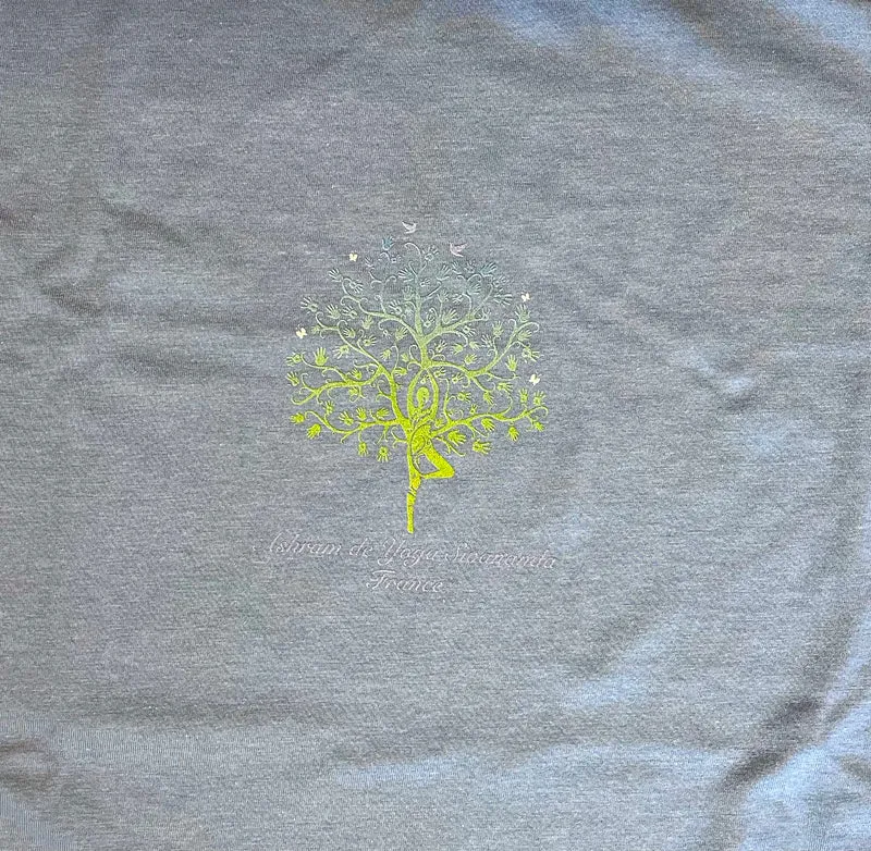 T-shirt de yoga coupe slim en coton standard pour femmes avec arbre Ashram - BLEU