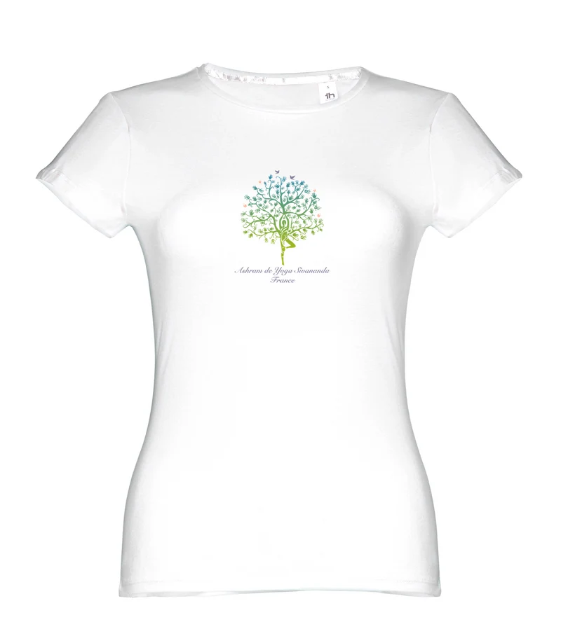 T-shirt de yoga coupe slim en coton standard pour femmes avec arbre Ashram - BLANC