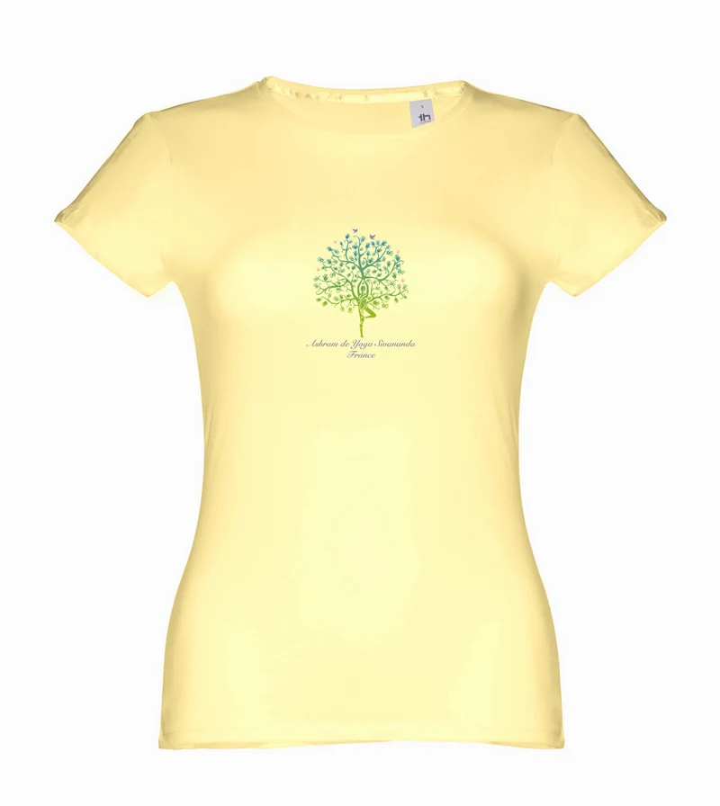 T-shirt de yoga coupe slim en coton standard pour femmes avec arbre Ashram - Jaune CLAIR