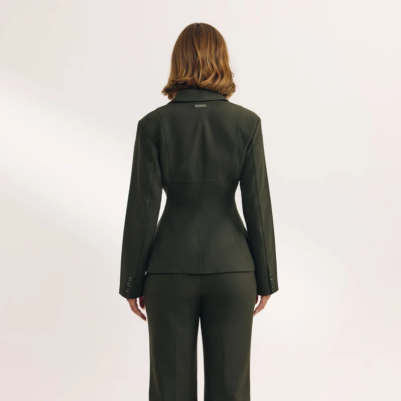 Blazer Ajusté avec Détail de Couture - Vert Foncé