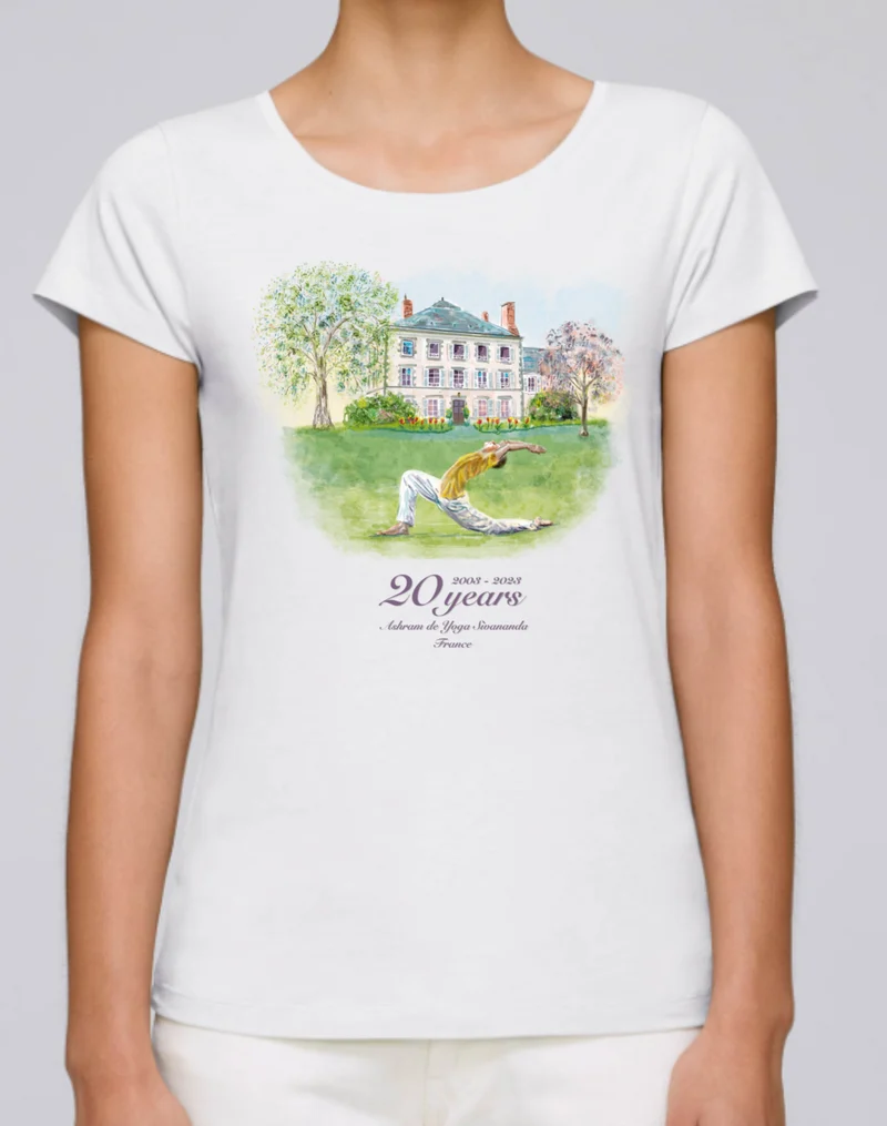 T-shirt de yoga pour femme blanc 100 % coton biologique (anniversaire de l'Ashram 20 ans)