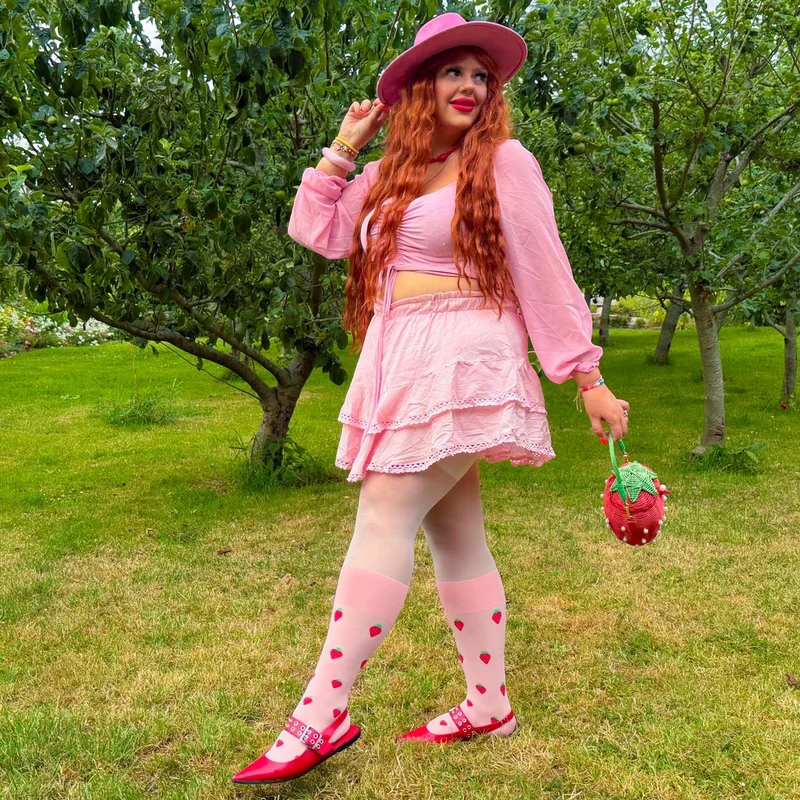 Strawberry Mock Sock Tights - Pink