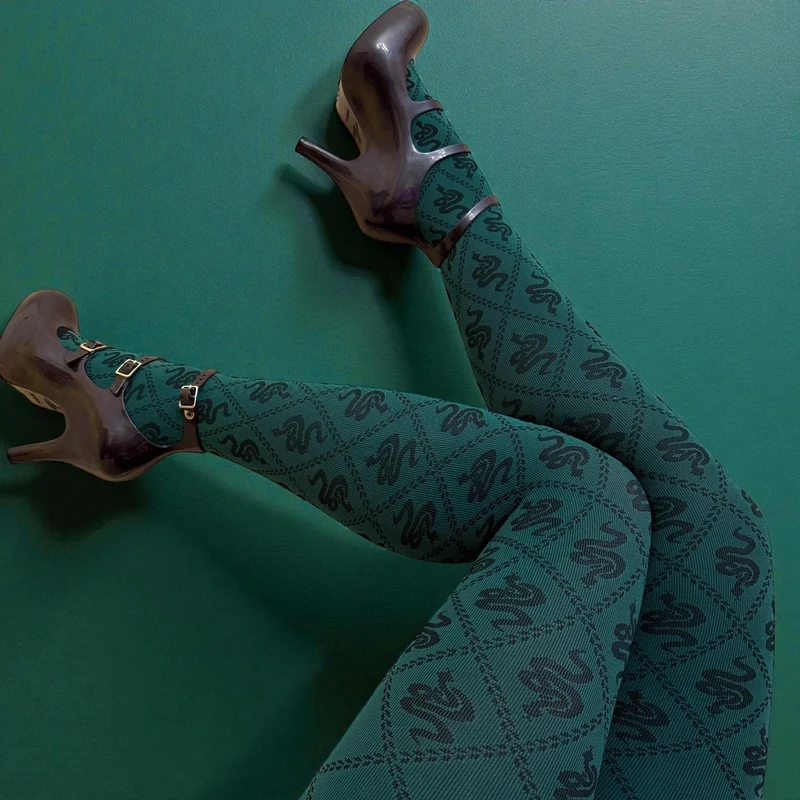 80 Denier Opaque Tights - Corra Snakes - Foliage Green