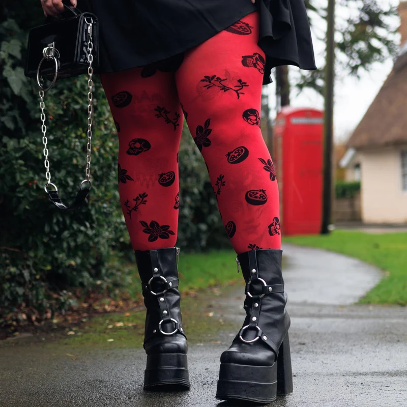 80 Denier Opaque Tights - Danu Skull Flower - Blood Red