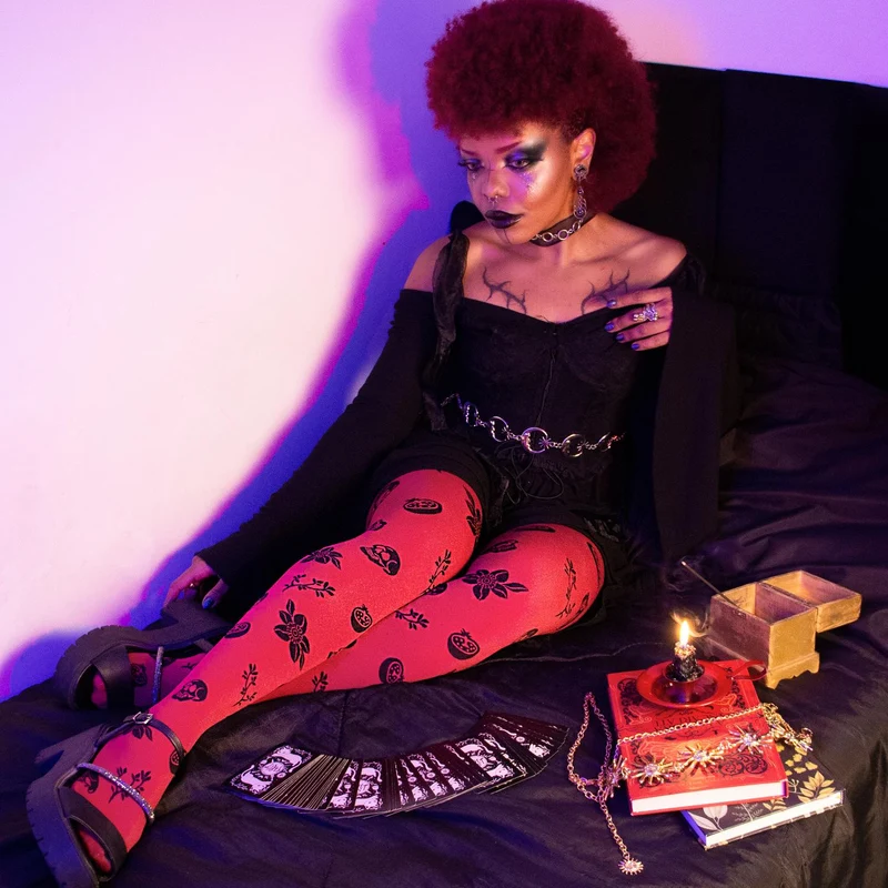 80 Denier Opaque Tights - Danu Skull Flower - Blood Red