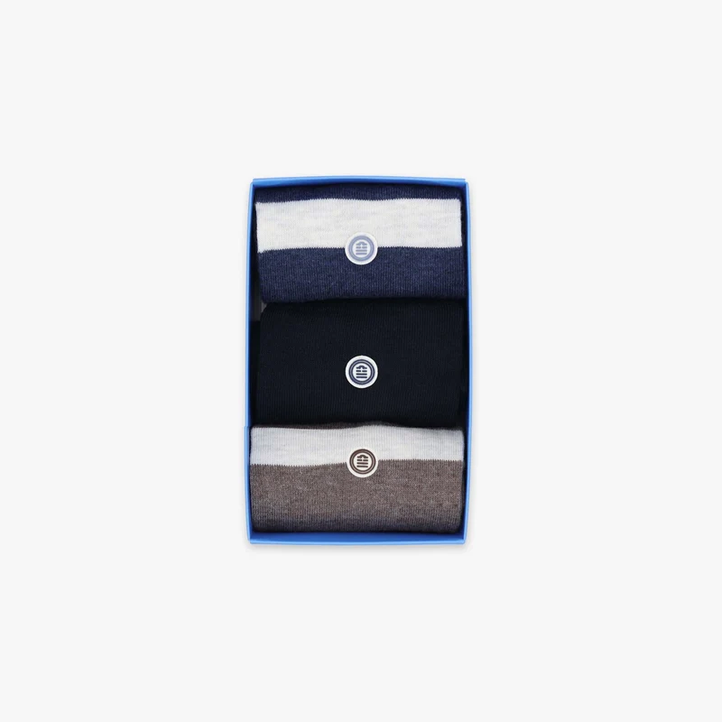 Pack 3 paires de chaussettes unies et rayées bleues