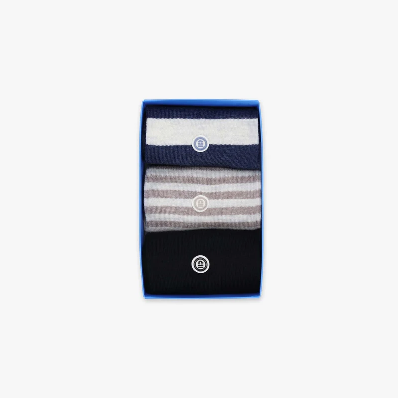 Pack 3 paires de chaussettes unies et rayées bleu et beige