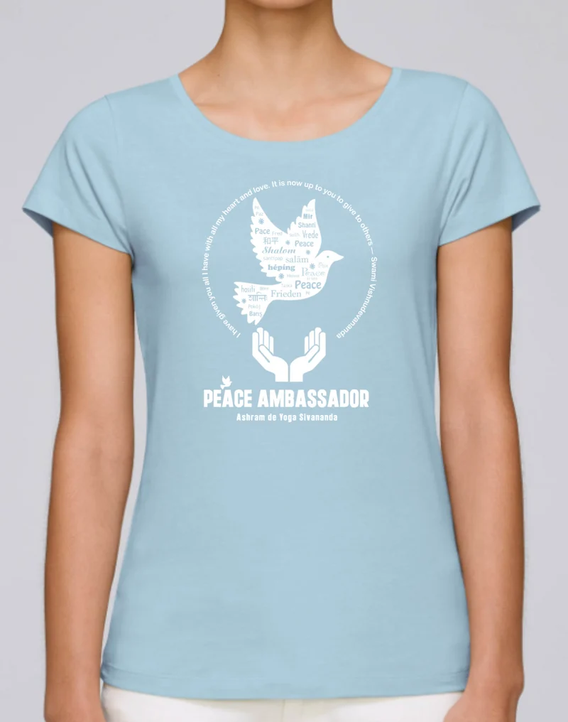 T-shirt de yoga bleu 100 % coton biologique pour femmes (ambassadeur de la paix)