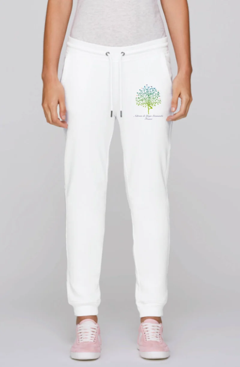 Pantalon de yoga femme blanc en coton bio avec arbre ashram