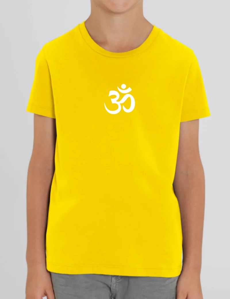 T-shirt de yoga jaune pour enfants en coton biologique (Om en blanc)