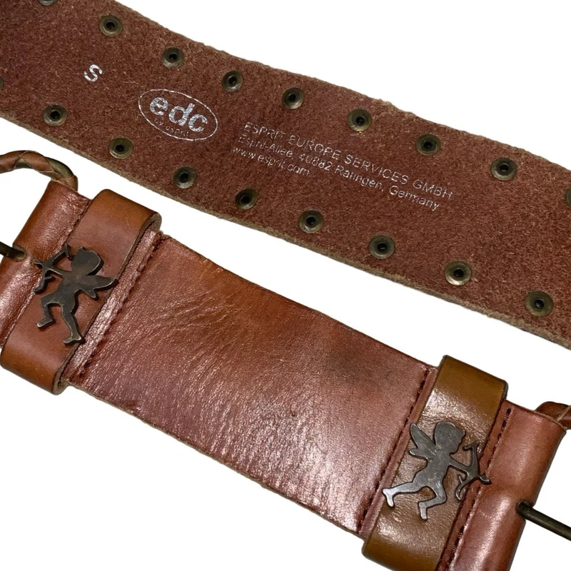 Vintage 90s 00s y2k 'Esprit' edc Brown Leather Brass Cupid Studded Double Buckle Belt