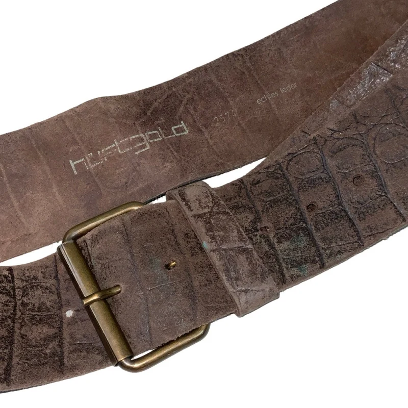 Vintage 90s 00s ‘Huft Gold’ Brown Suede Croc Embossed Leather Buckle Belt