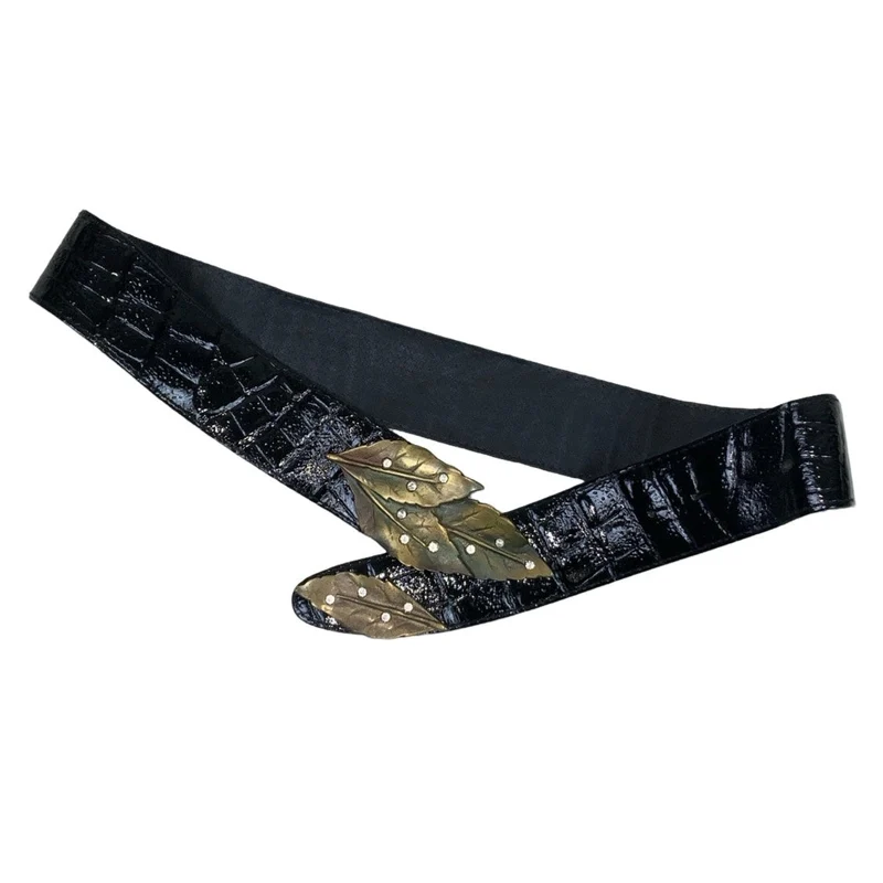 Vintage 80s Black Textured Glossy Leather Diamante Brass Leaf Buckle Belt