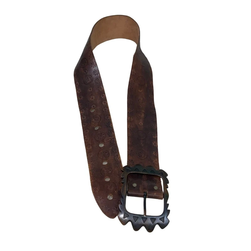 Vintage 80s 90s Brown Leather Floral Carved Geometric Buckle Belt