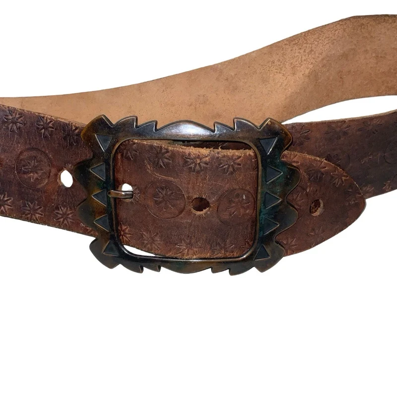 Vintage 80s 90s Brown Leather Floral Carved Geometric Buckle Belt