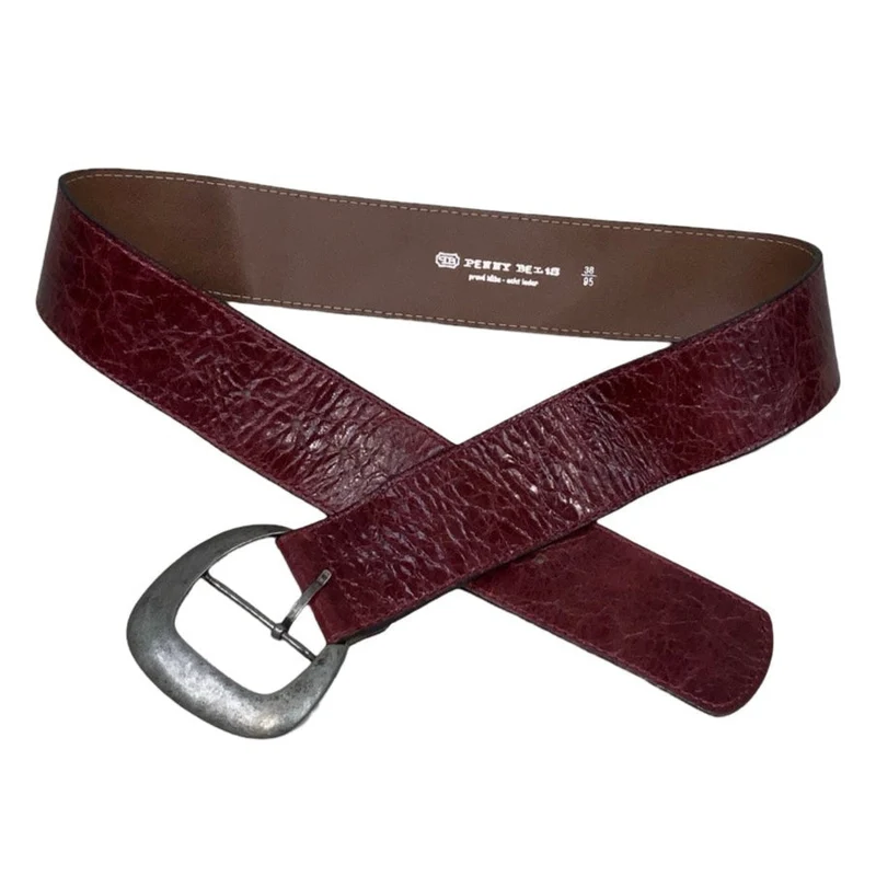 Vintage 80s 90s 'Penny Belts' Red Textured Leather Asymmetric Square Buckle Belt
