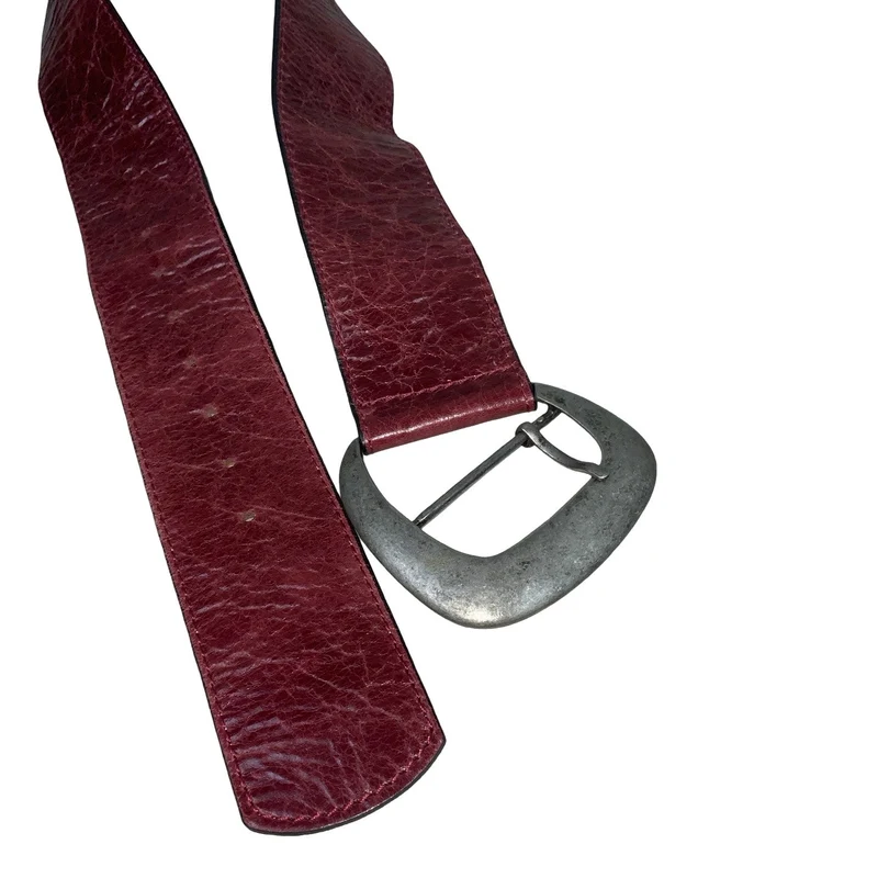 Vintage 80s 90s 'Penny Belts' Red Textured Leather Asymmetric Square Buckle Belt