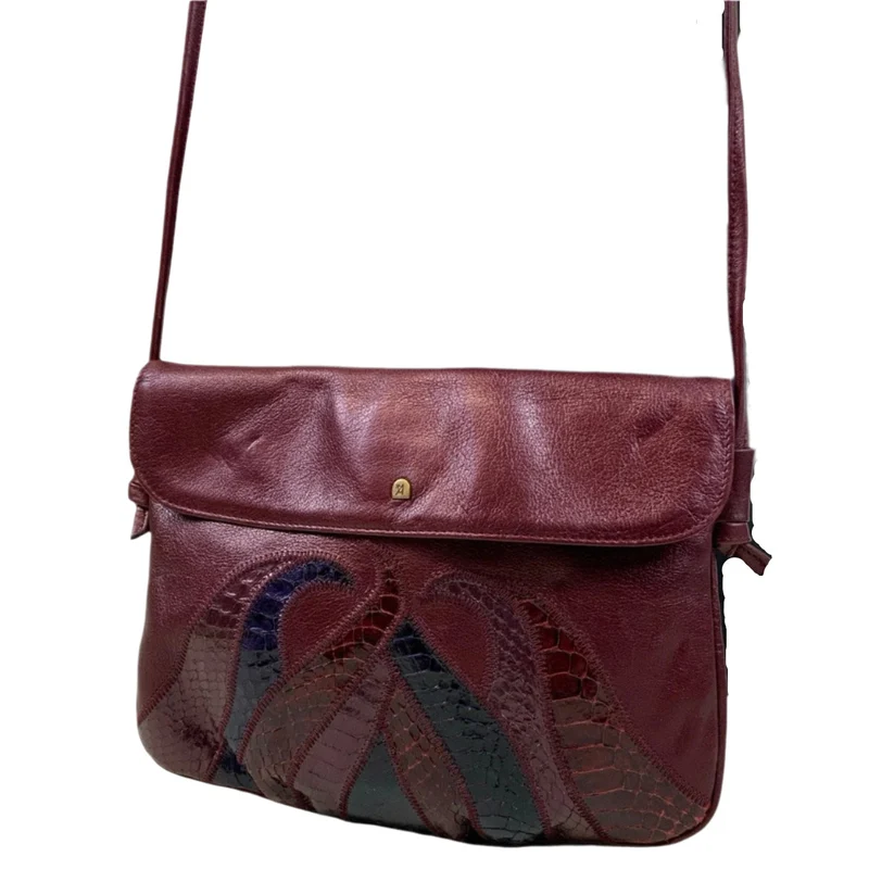 Vintage 90s does 70s Burgundy Black Snakeskin Shoulder Patchwork Purse Shoulder